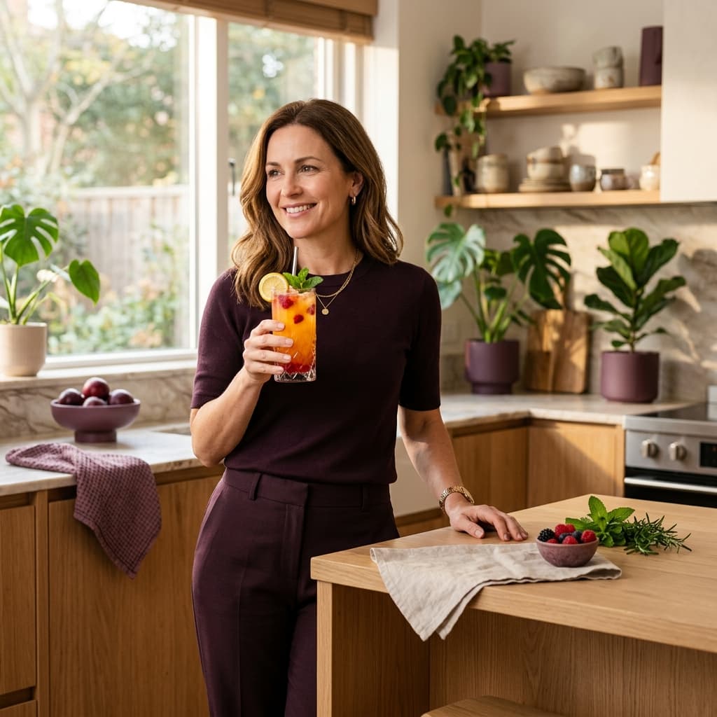 A sophisticated woman in her 40s enjoying a high-end mocktail in a sunlit, modern kitchen, representing empowered health choices