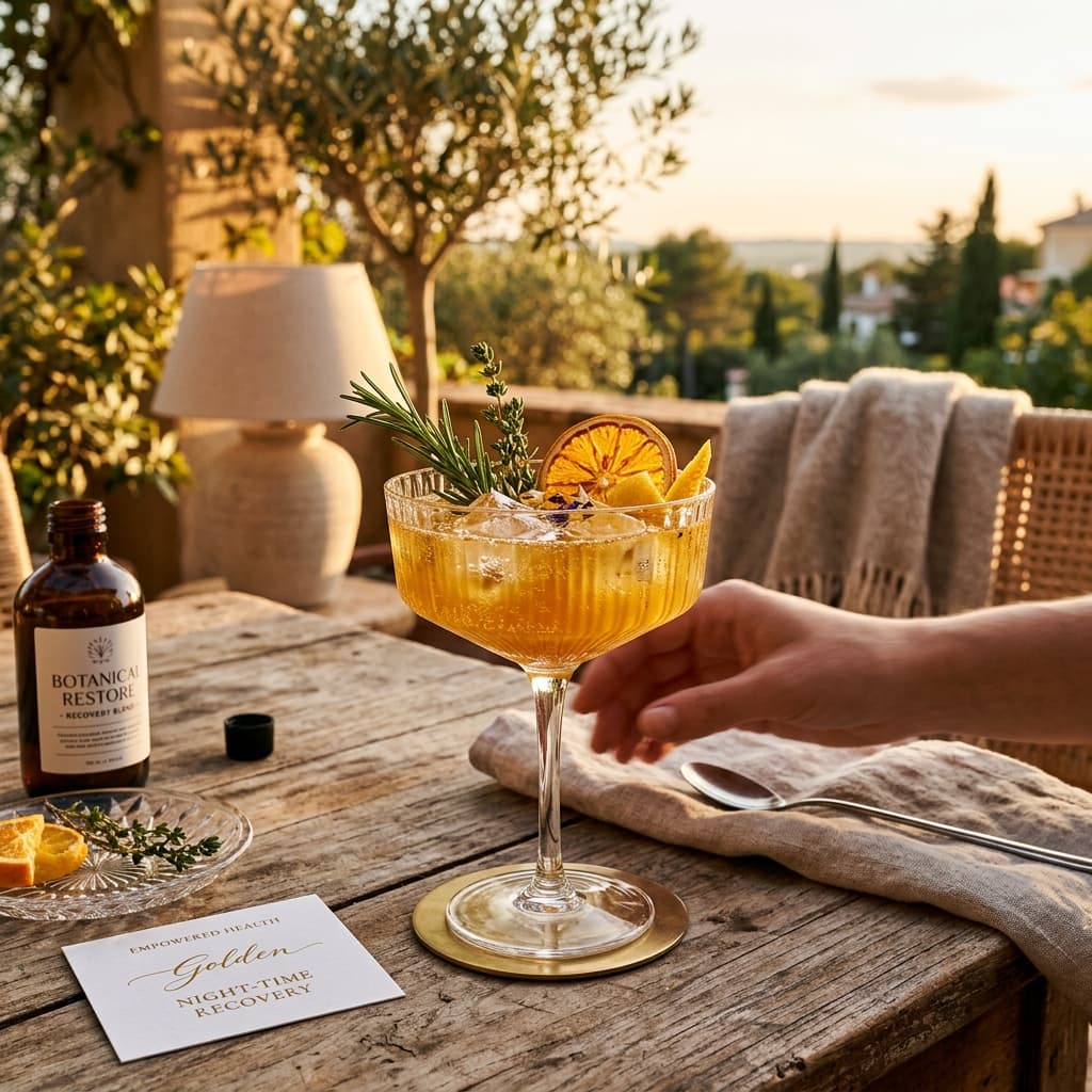 A sophisticated mocktail with fresh herbs and citrus in a sunlit setting