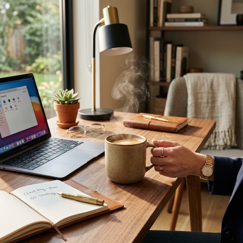 A sophisticated coffee cup on a modern desk with sunlit earthy tones