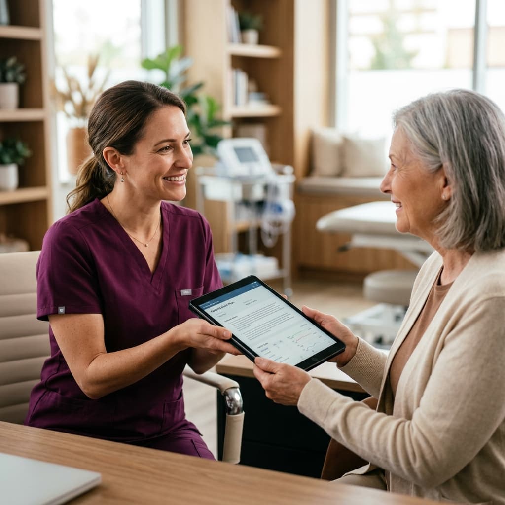 A trust-focused interaction between a clinician and a patient sharing clinical data on a tablet