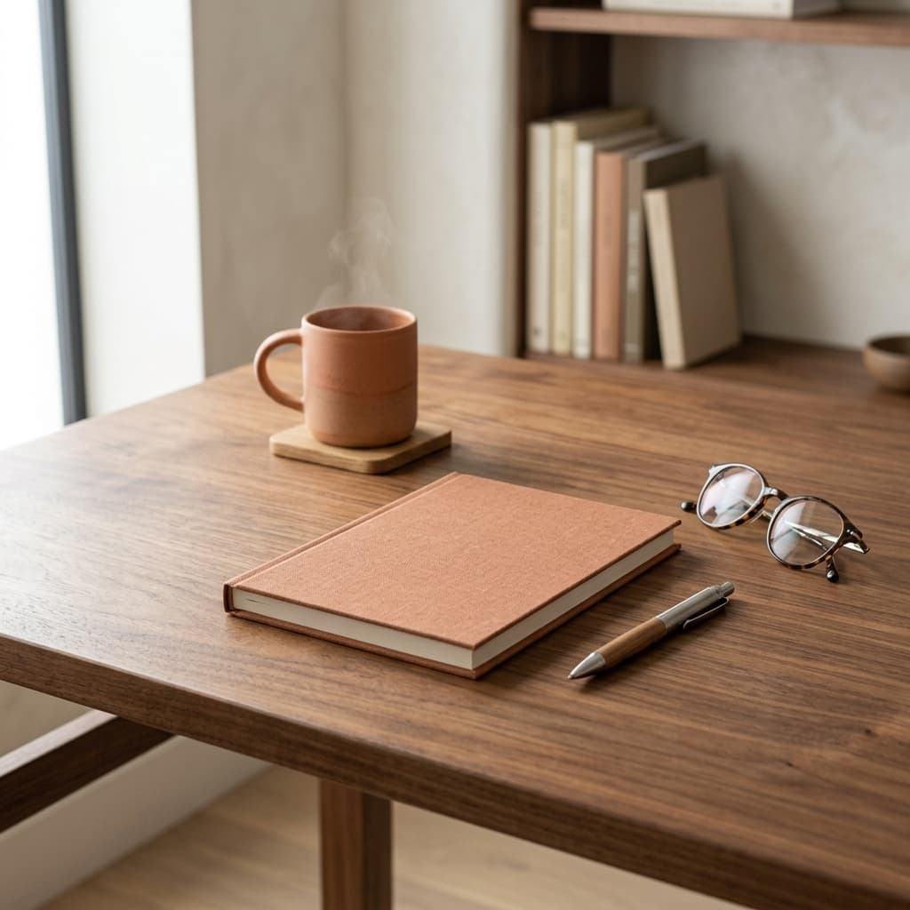 Clean, organized minimalist desk with a linen notebook and glasses, representing medical preparedness and confidence