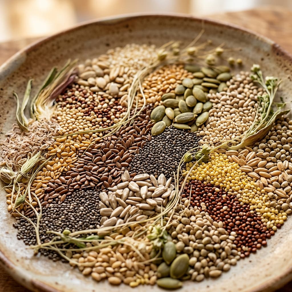 Abstract macro of diverse seeds and grains representing gut health and balance