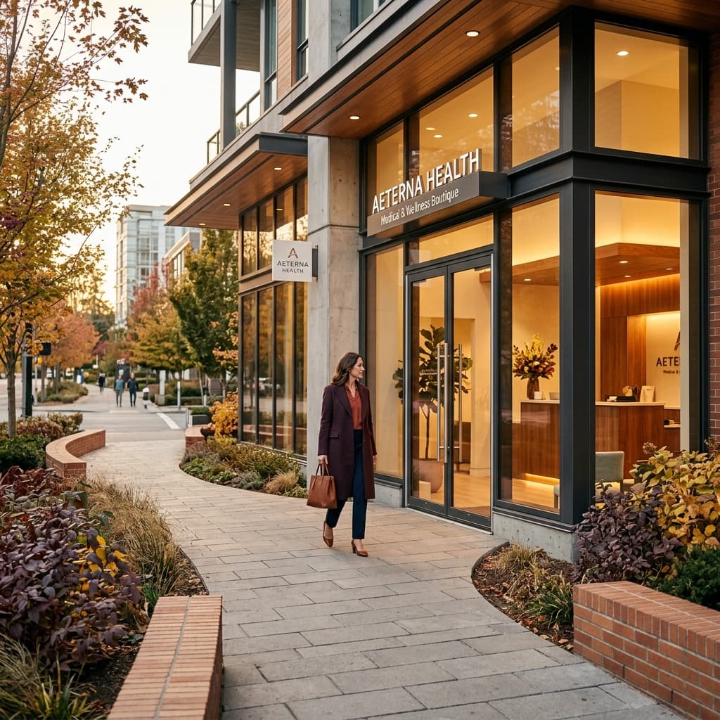 A woman walking toward a modern, welcoming medical clinic with sophisticated glass architecture