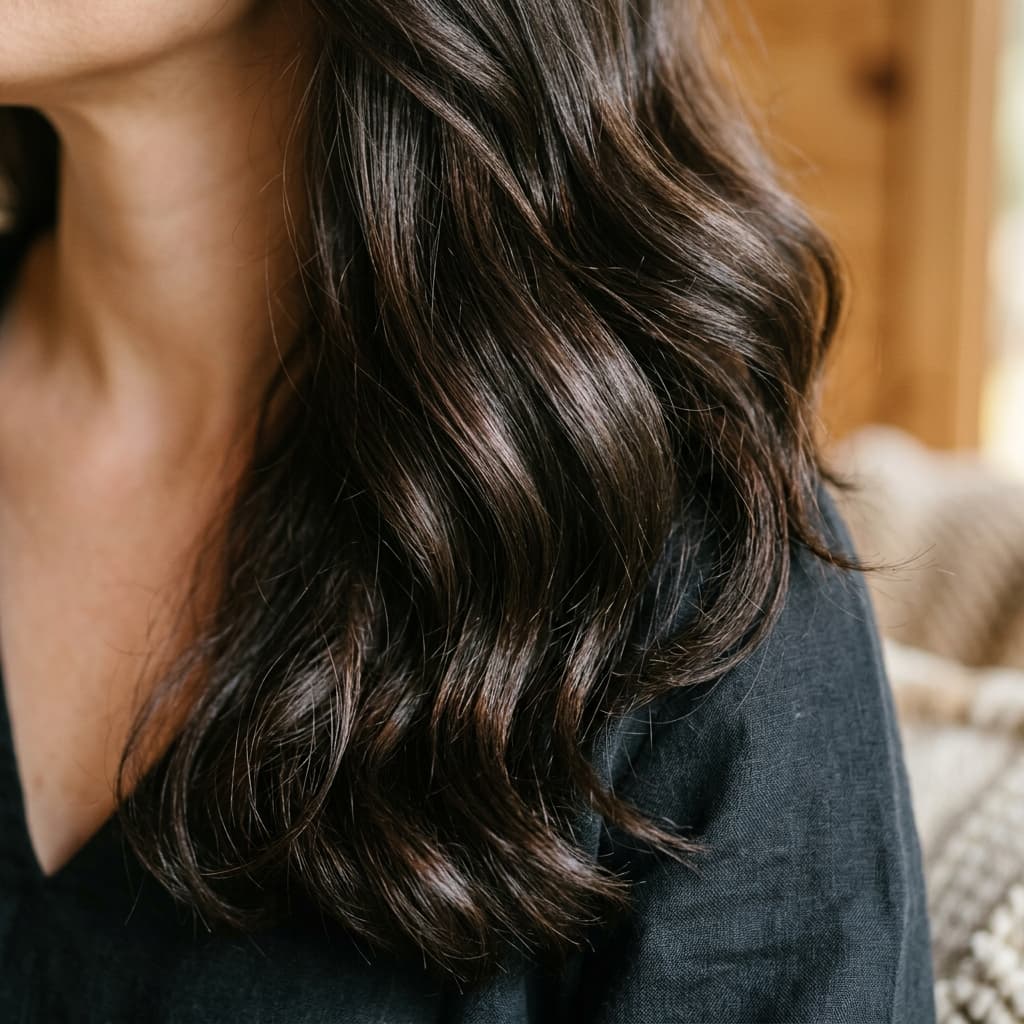 A close-up of healthy, thick hair texture with soft warm lighting