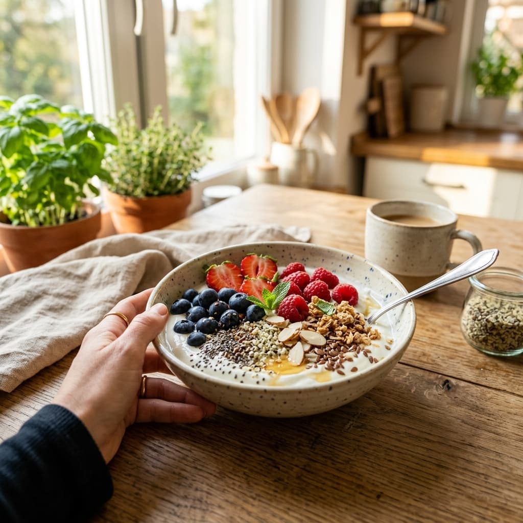 A vibrant, healthy breakfast bowl featuring Greek yogurt and berries