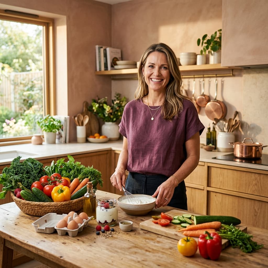 A sophisticated woman in her 40s in a sunlit kitchen with healthy ingredients