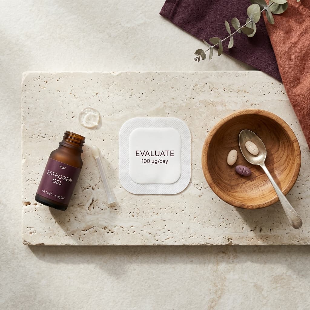 Artistic flat-lay of HRT formulations including a patch, gel, and pill on a neutral stone surface