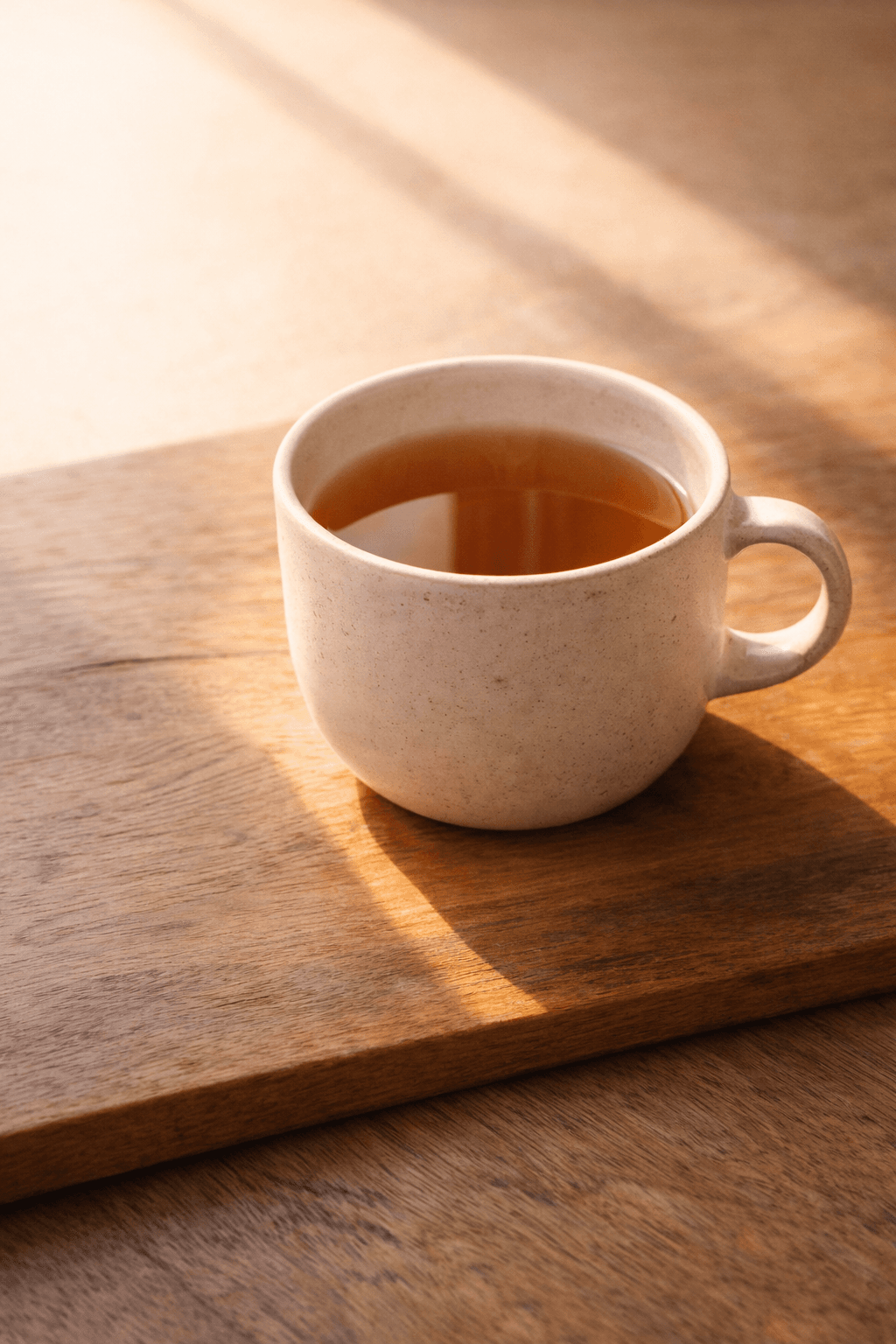 A minimalist morning scene with a cup of tea representing a gentle fasting window
