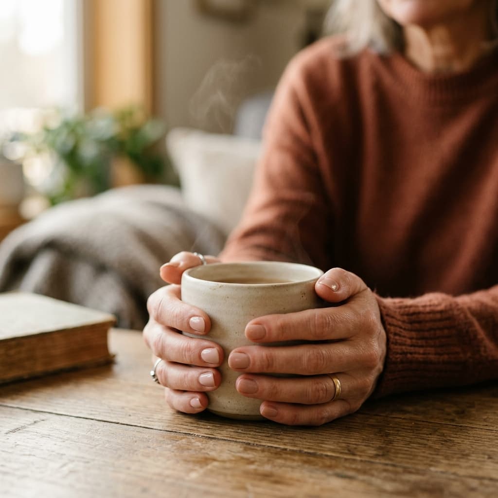 A close-up of hands holding a warm ceramic cup, representing joint comfort