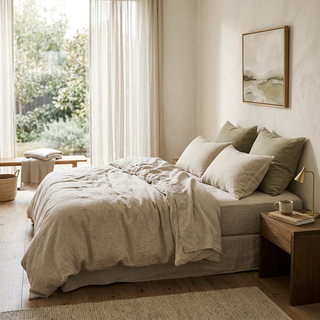 A peaceful bedroom scene with soft linen bedding