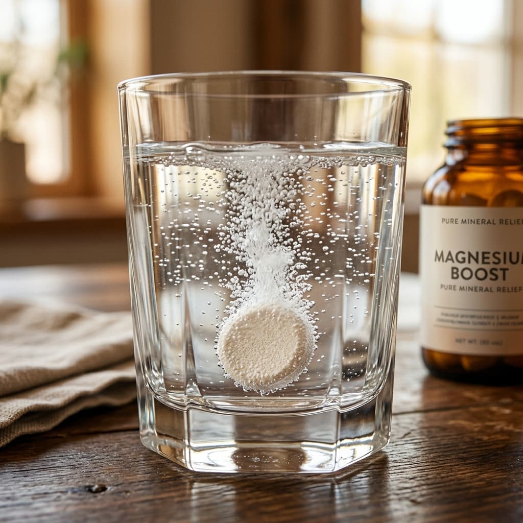 A close-up of clear water with a magnesium effervescent, representing purity and health