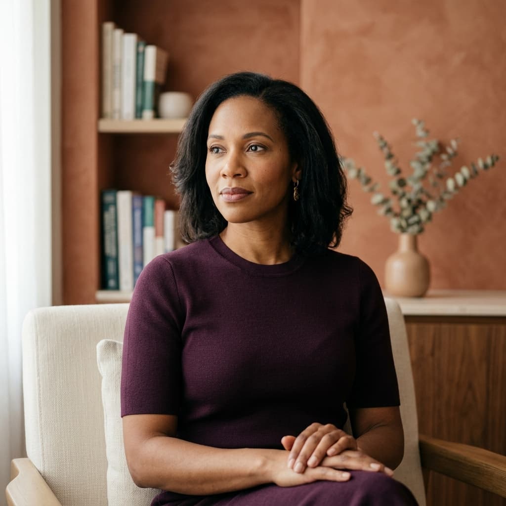 Professional portrait of a woman in her 40s in a serene, modern interior with warm earthy tones, representing clinical expertise and empathy