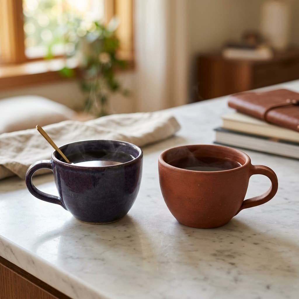 Two elegant ceramic tea cups in plum and terracotta on a marble surface, representing a thoughtful choice between care options