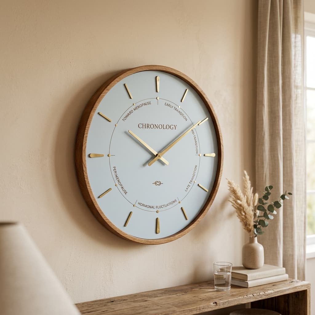 A modern, minimalist clock face in a warm-toned room with soft morning light, representing the chronology of transition