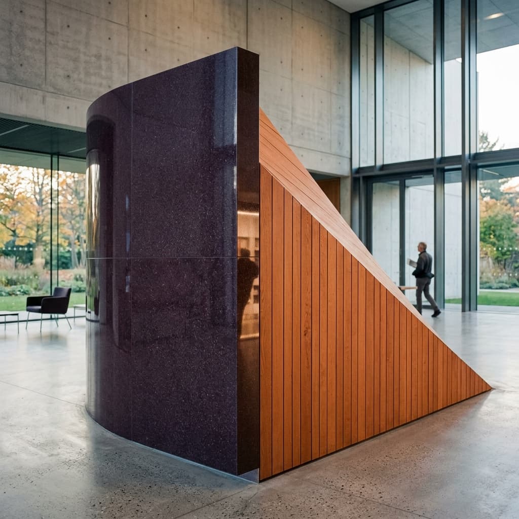 Modern architectural photograph of stone and wood surfaces intersecting, representing scientific and human health comparison