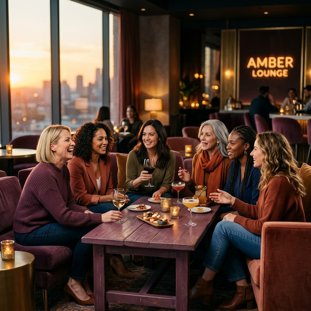 A group of women in their 40s in a sophisticated, well-lit social setting in warm golden hour light, representing community
