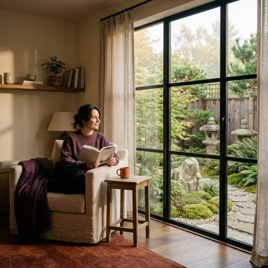 A tranquil interior view showing a soft morning glow through a minimalist window, representing constant care and peace of mind