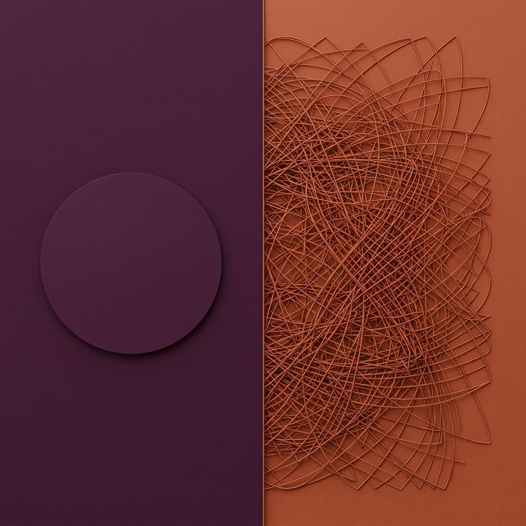 Minimalist abstract split-screen of a plum circle and a terracotta mesh, representing order vs complexity