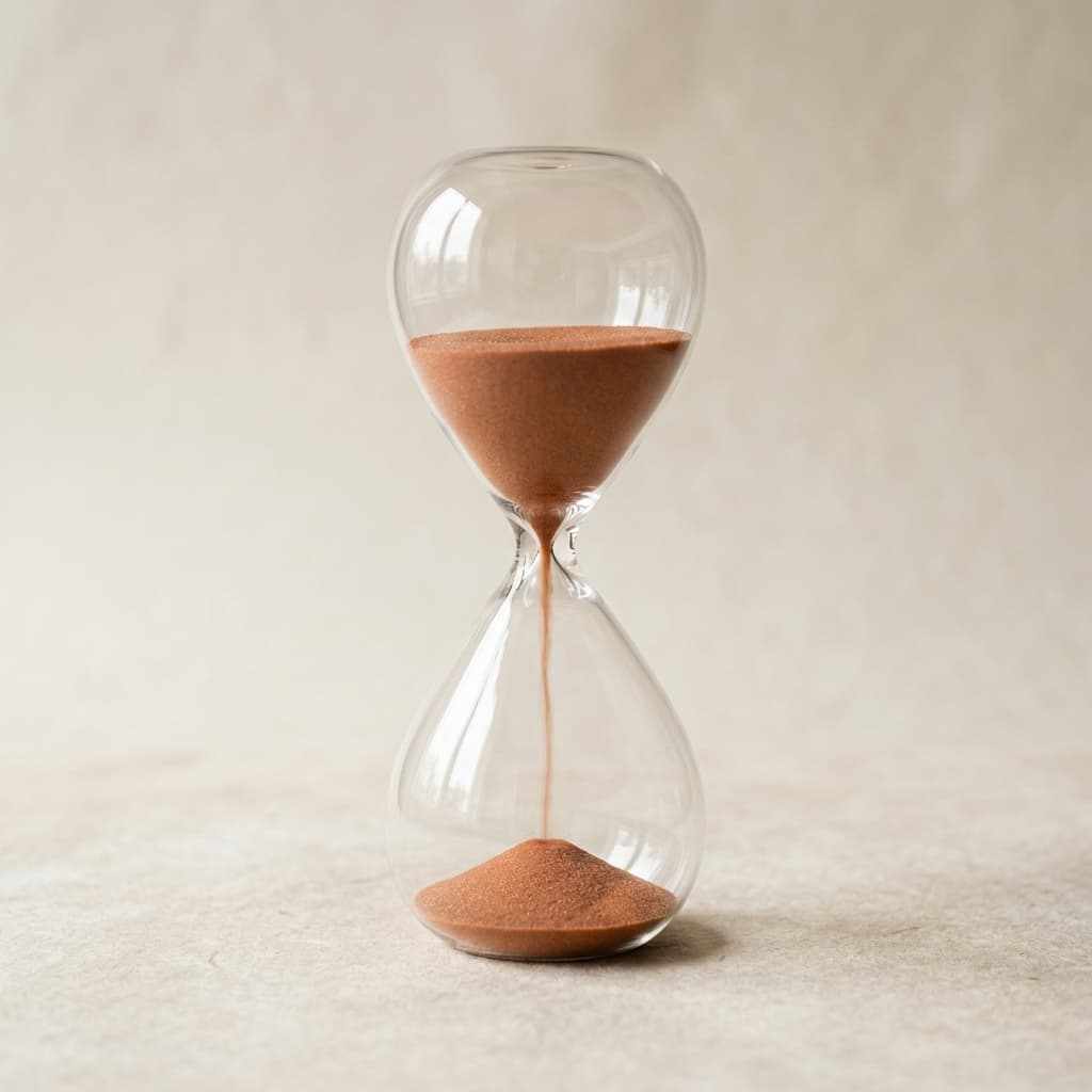 A minimalist glass hourglass with terracotta-colored sand, representing time, transition, and medical precision