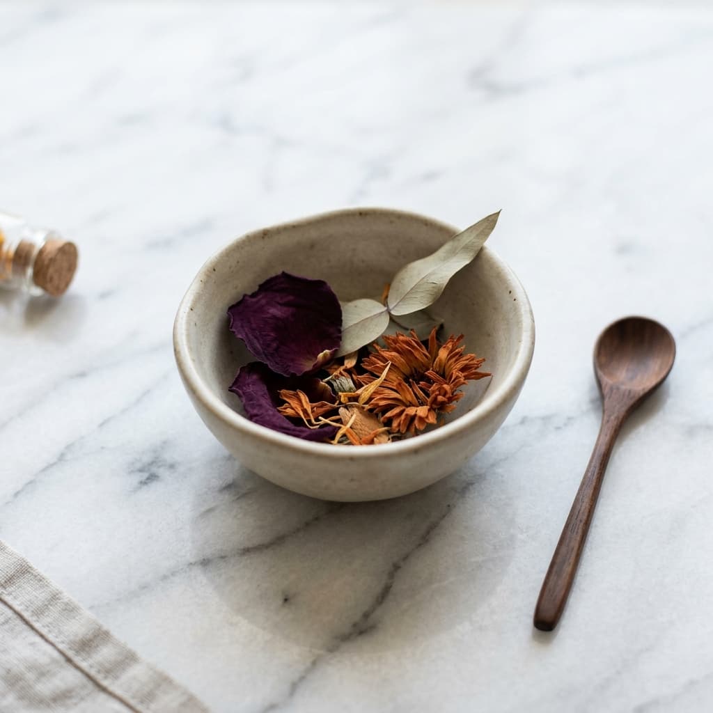 A minimalist ceramic bowl with dried botanical petals, representing wellness and supplements