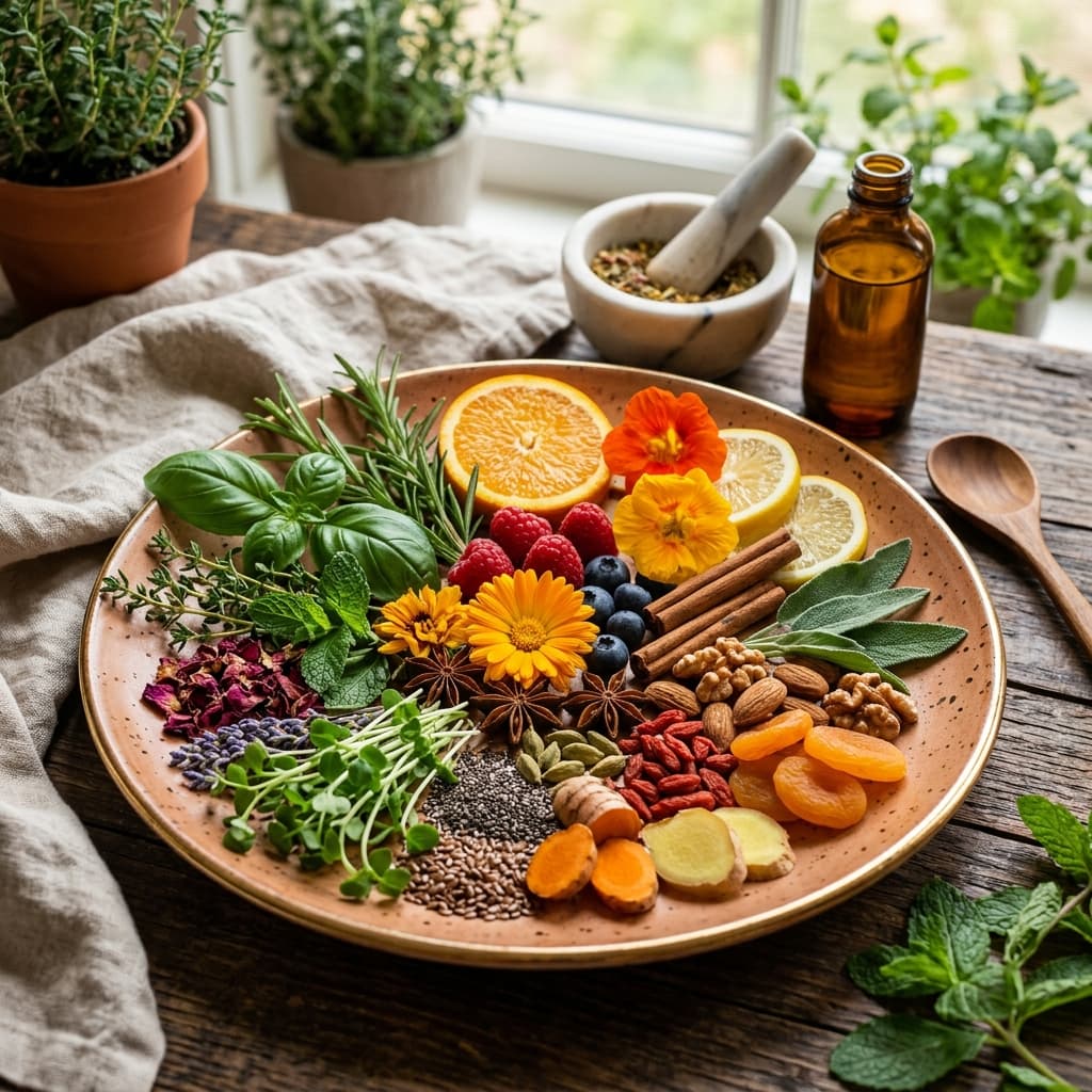 Beautifully arranged plate of high-end, fresh botanicals and ingredients, representing holistic nutrition focus