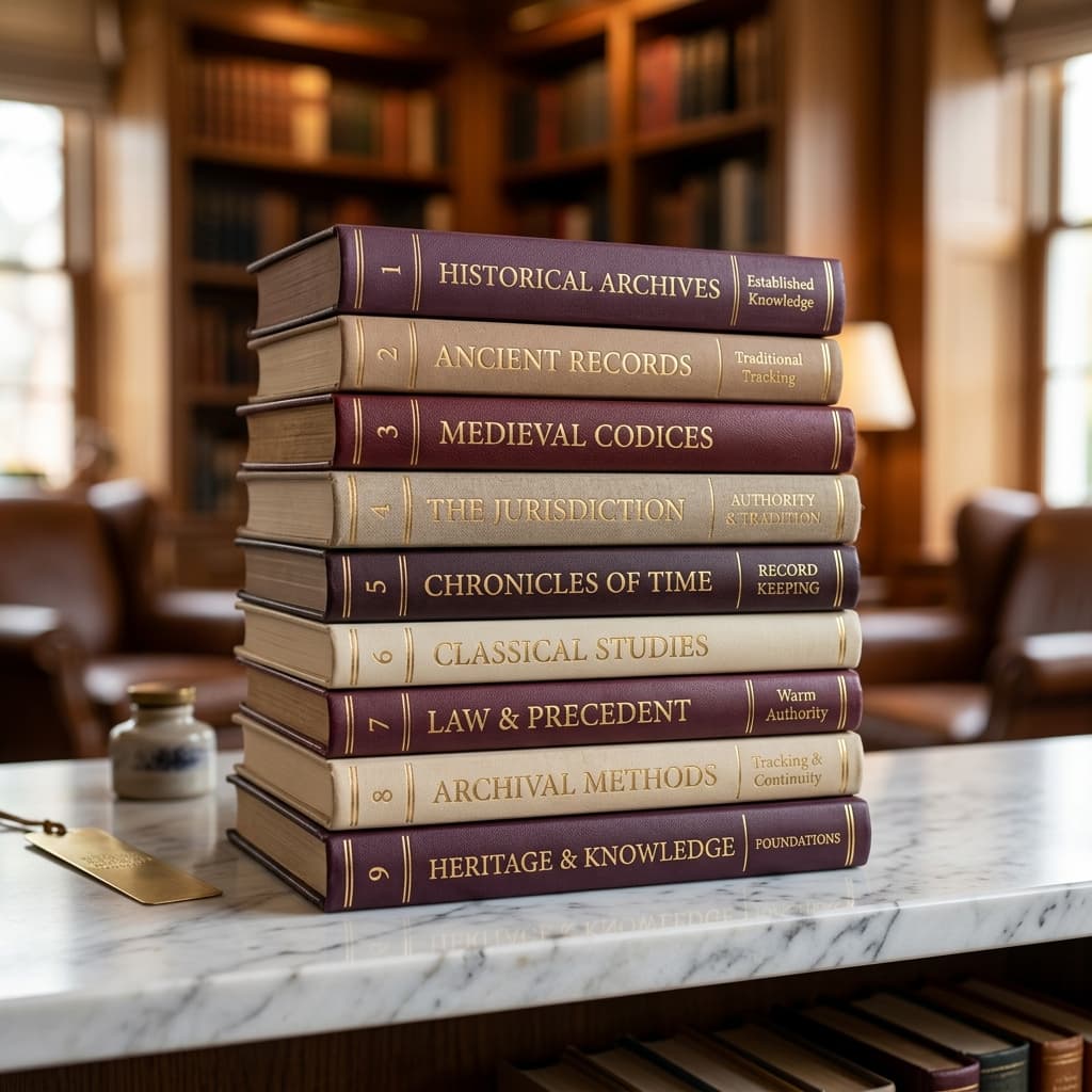 A stack of professional hardcover books in shades of plum and beige on a marble shelf