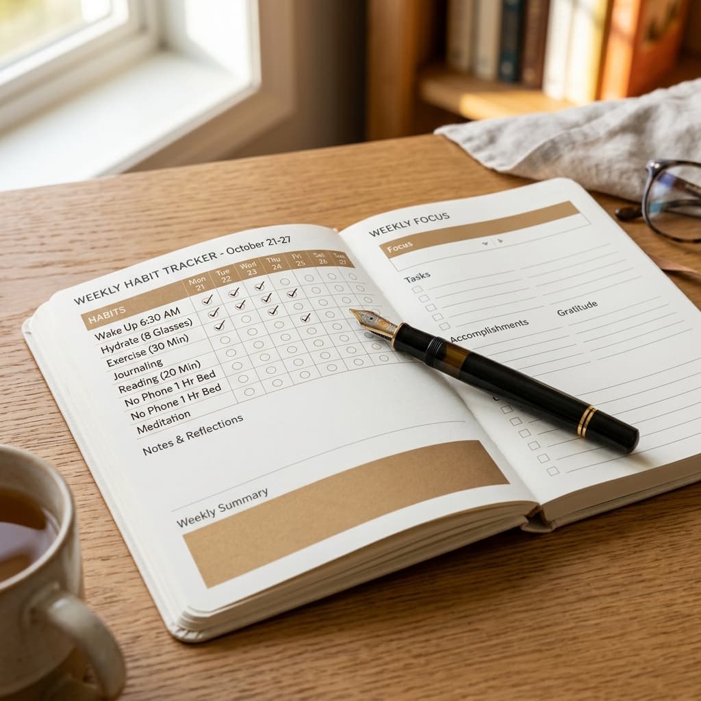 A clean, open planner with a professional pen on a desk, representing structured habit-tracking and logging