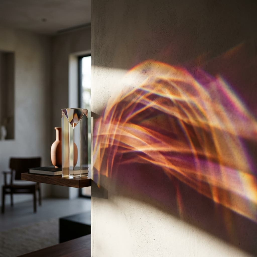 Prismatic light refraction on a neutral wall creating a spectrum of warm colors, representing AI sophistication