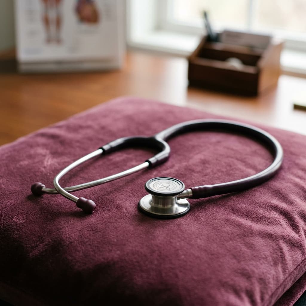 A professional cardiologist's stethoscope on a soft plum-toned surface, representing clinical excellence and human care