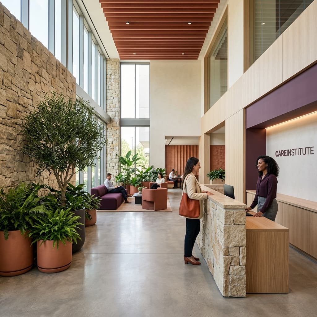 A premium environmental photograph of a modern, minimalist corporate office lobby with lush greenery
