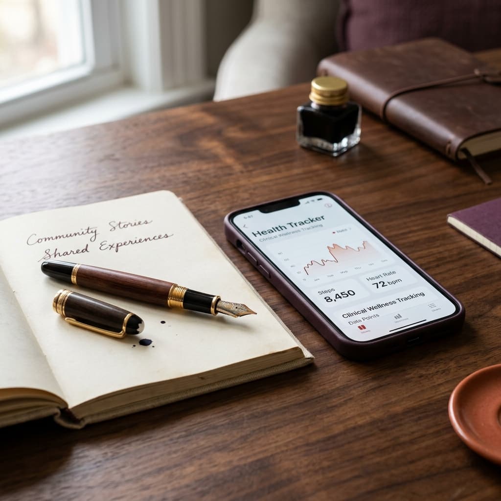 A vintage fountain pen next to a modern smartphone on a wooden desk, representing the bridge between stories and data