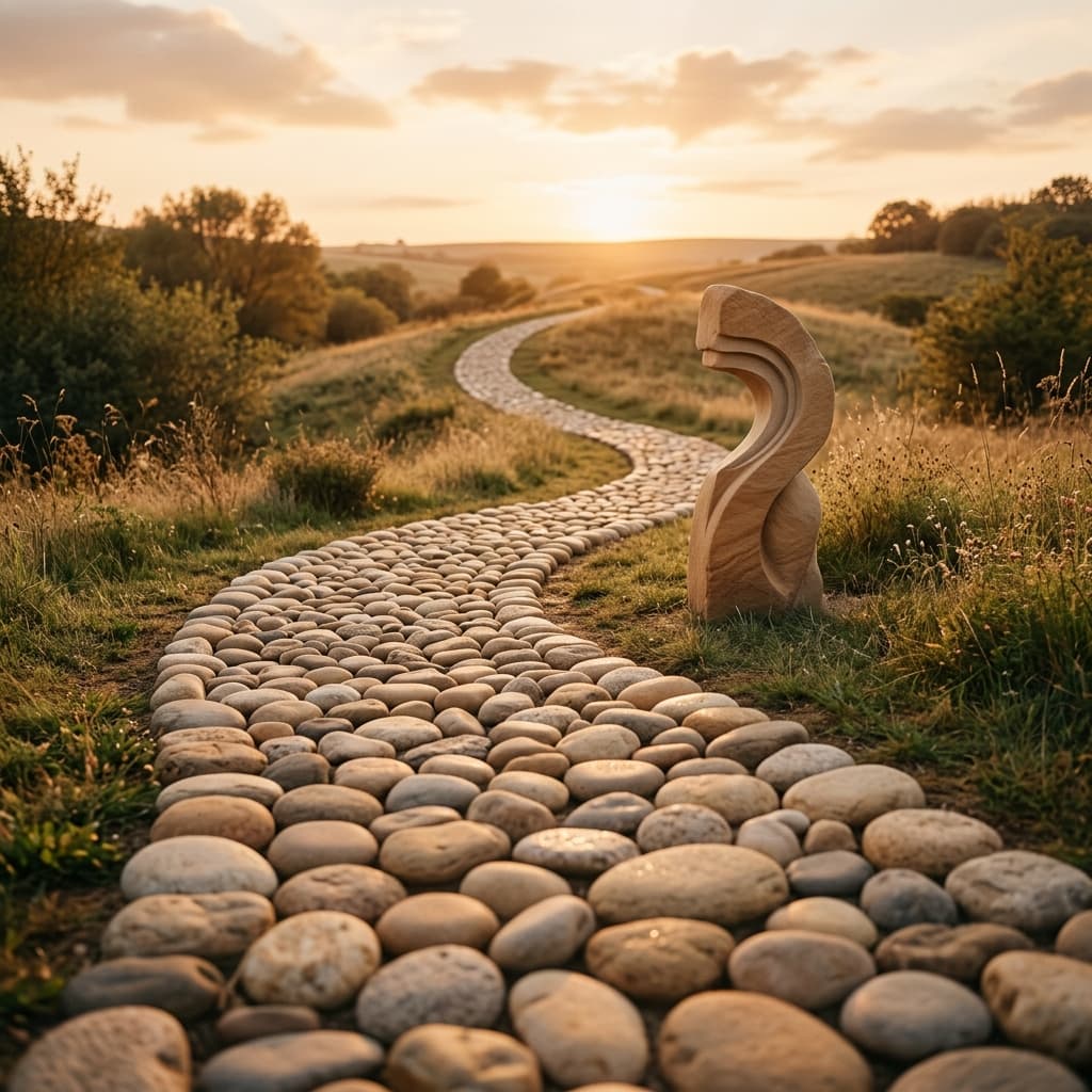 A minimalist stone sculpture or path of smooth river stones in soft light, representing a journey of behavioral change