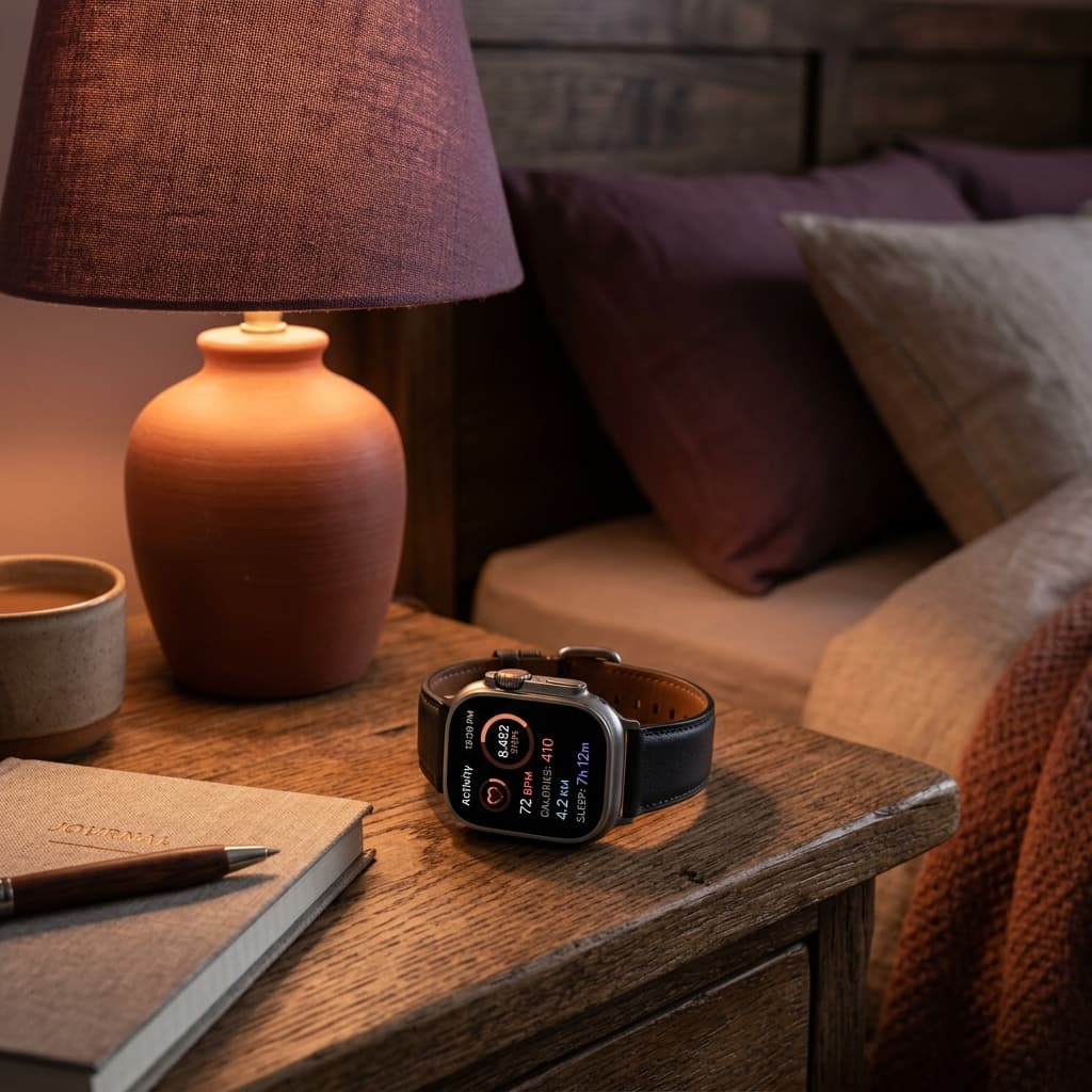 A high-end smart watch resting on a bedside table with a soft lamp glow, representing wearable-native tracking