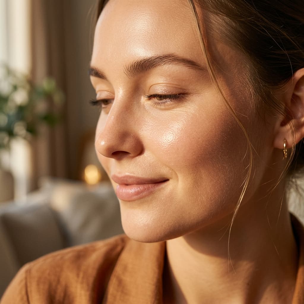 A close-up of healthy skin texture with soft, golden lighting