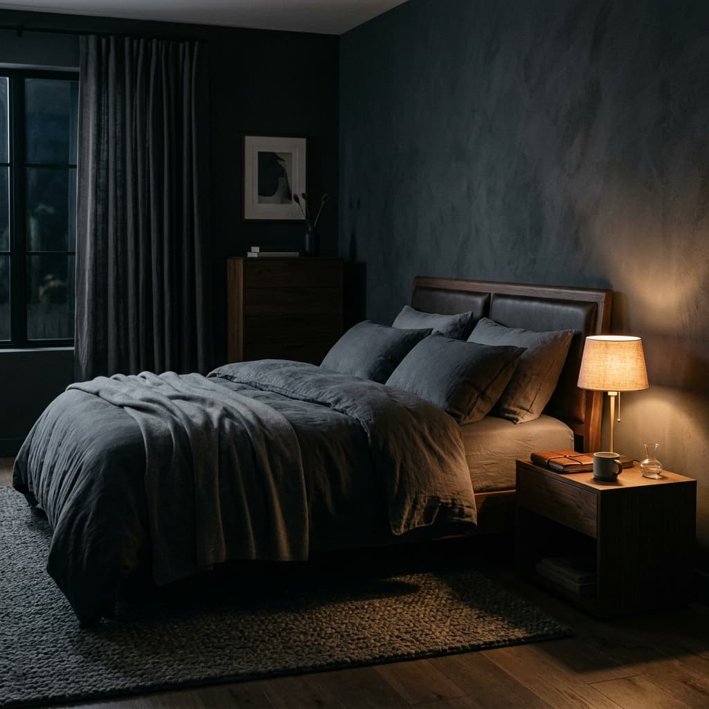 A peaceful, dark bedroom with soft linens and a small lamp glow.