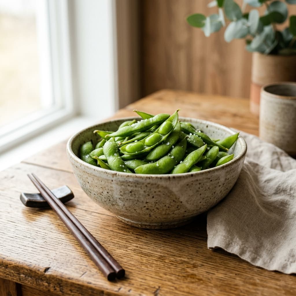 Minimalist food photography of fresh edamame on a textured ceramic surface