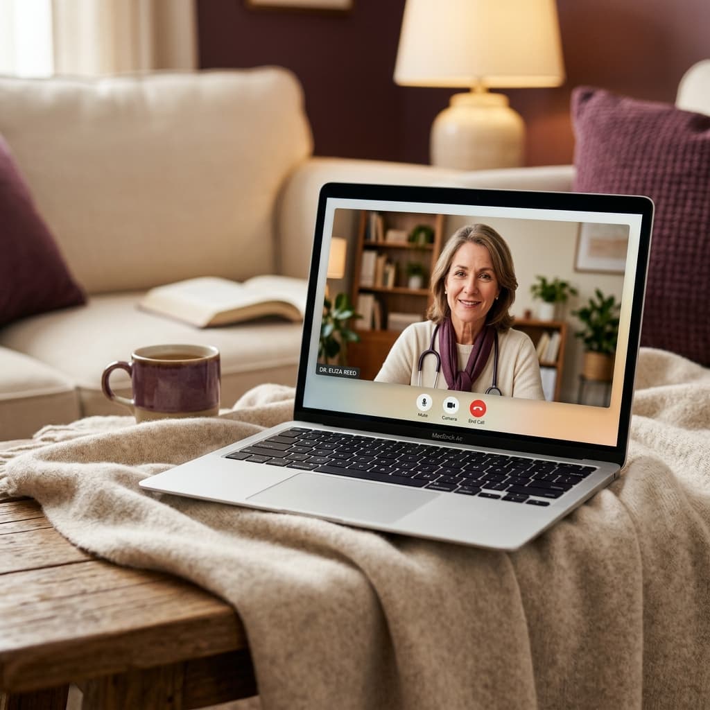 A sleek laptop on a cozy neutral throw showing a blurred medical video consultation, representing accessible virtual care