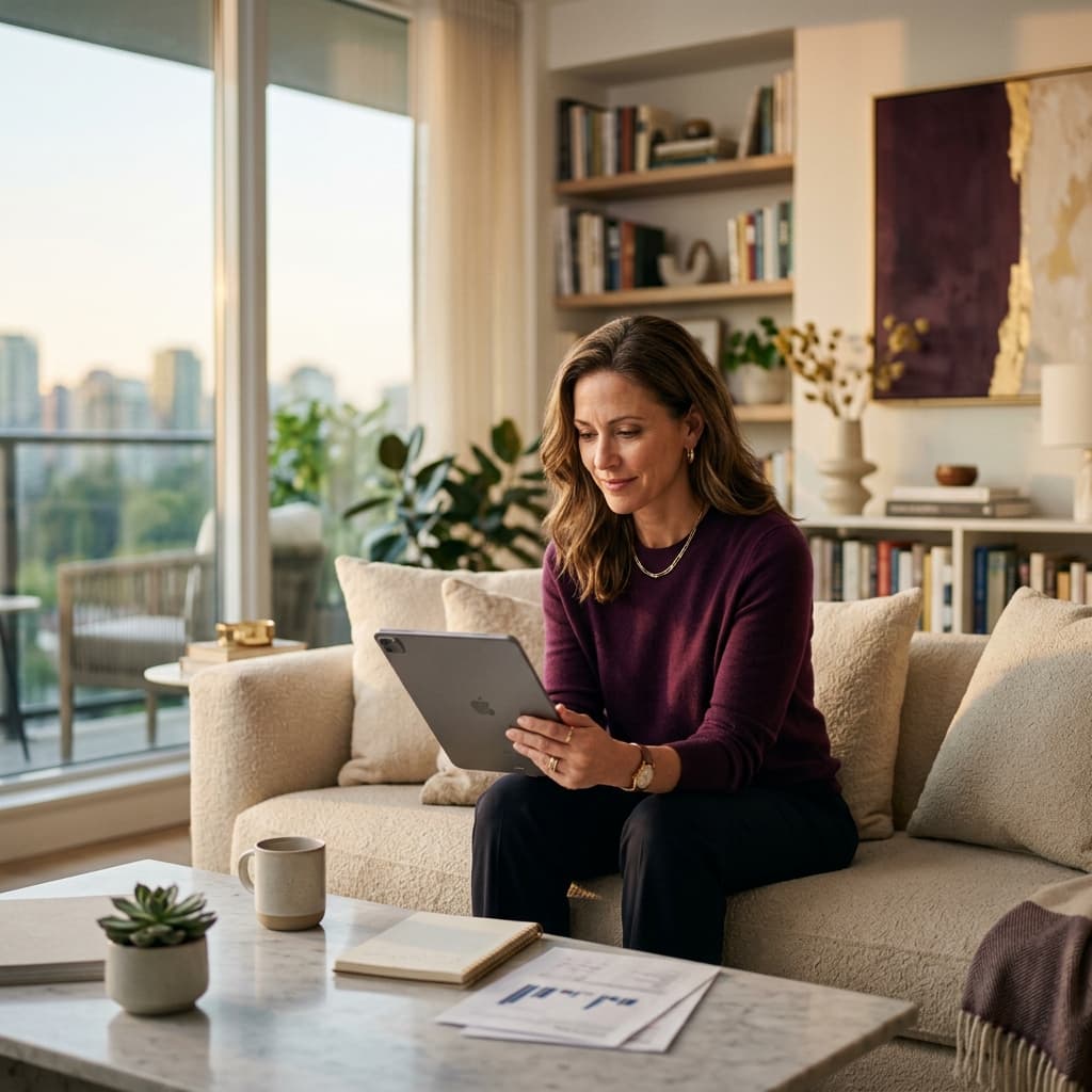 A woman in a sunlit modern interior reviewing clinical data on a tablet, representing empowered health tracking