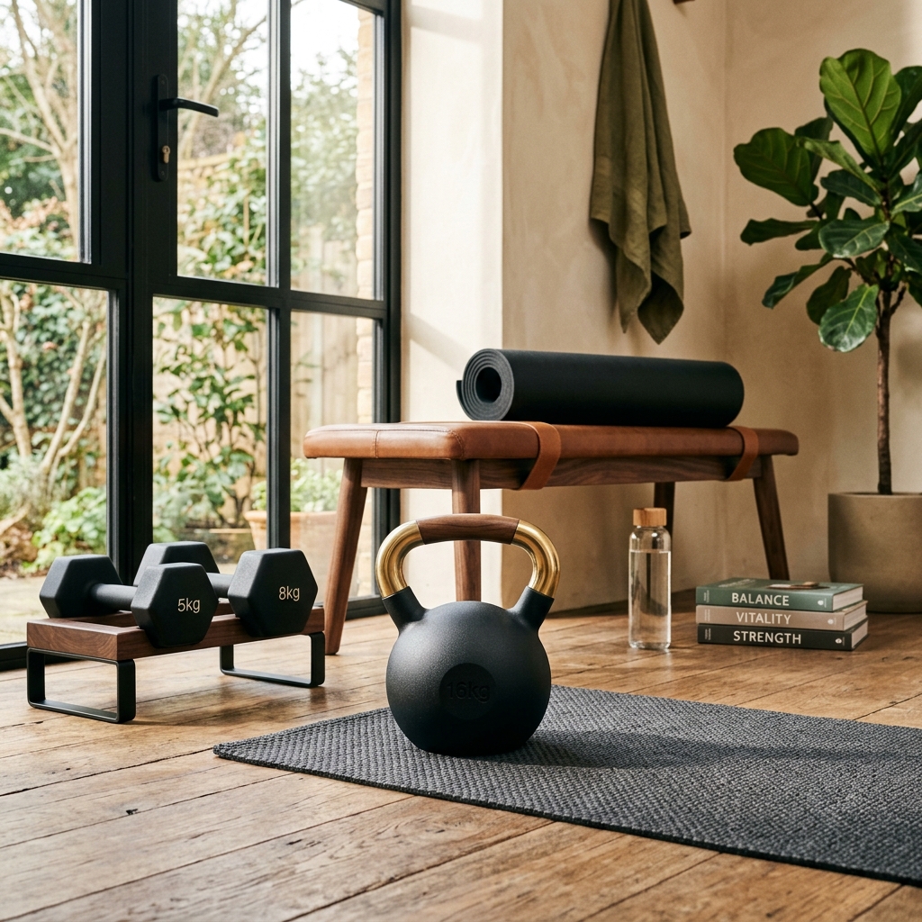 A professional, sunlit photograph of minimalist home workout equipment